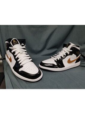 Jordan 1 Mid Patent Black White Gold Sneakers Mens Size 9.5 NEW NO BOX!